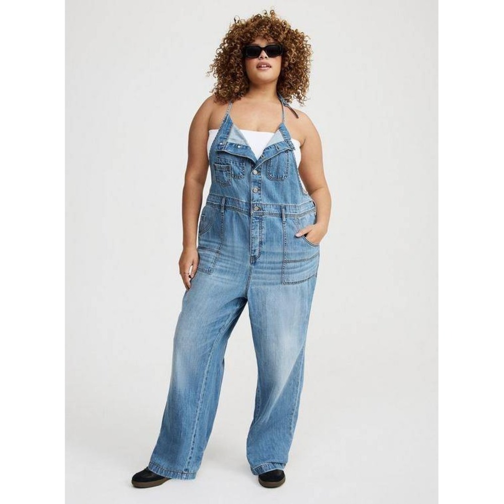 Torrid Overalls Womens 18R Blue Denim Cotton Button Front Tie Back Straight Leg